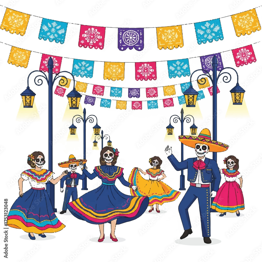 Obraz premium Colorful illustration of skeletons dressed in traditional Mexican attire dancing under papel picado banners and street lamps on a white background with vibrant festive mood.