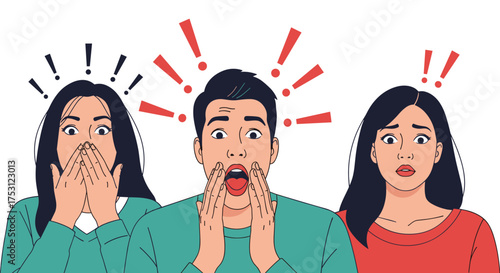 Three shocked people express surprise and disbelief with their mouths open and eyes wide open.