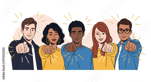 A diverse group of five people pointing forward encouragingly and inspiringly towards the viewer.