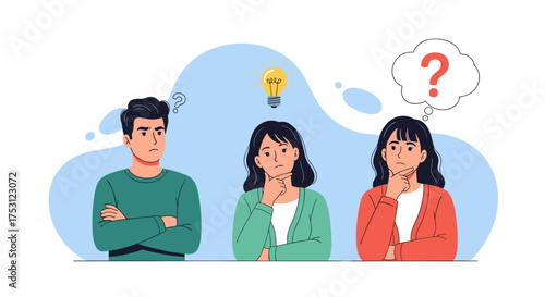 Three people thinking with question marks and light bulbs above their heads.