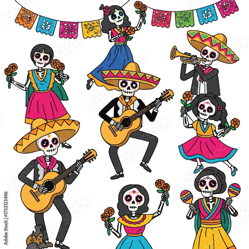 Colorful illustration of skeletons dressed as mariachi musicians and dancers in traditional Mexican attire, playing guitars and flowers under a festive banner.