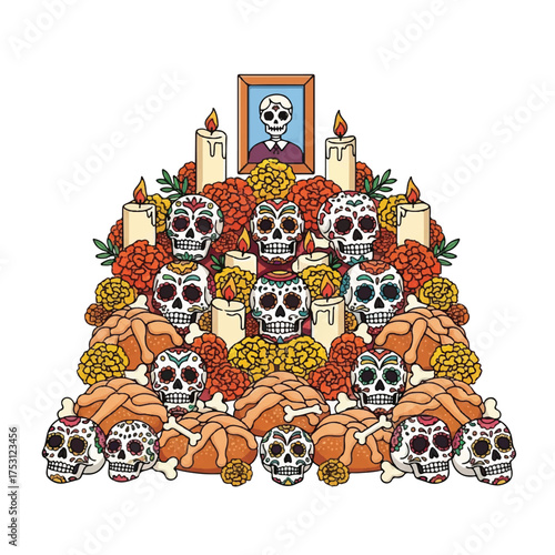 Illustration of a Day of the Dead altar with sugar skulls, candles, and marigolds on a white background, conveying a festive and traditional Mexican mood.