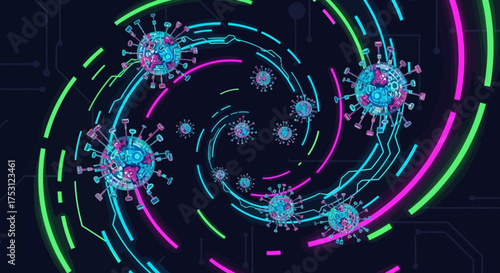 Abstract Representation of Coronavirus with Neon Swirls and Futuristic Design.