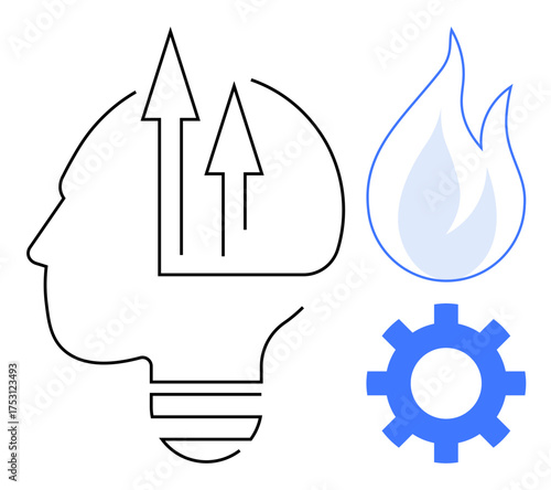 Outline of head-shaped bulb with arrows symbolizing ideas, blue flame for energy, gear for problem-solving. Ideal for creativity, innovation, growth, thinking, energy, productivity technology