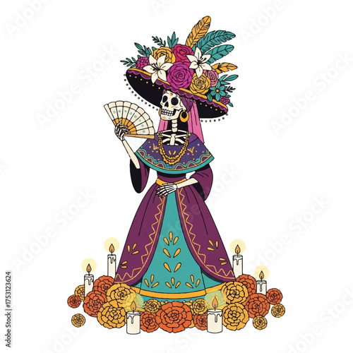 Illustration of a colorful skeleton woman wearing a traditional Mexican dress and hat, holding a fan, surrounded by flowers and candles on a white background.