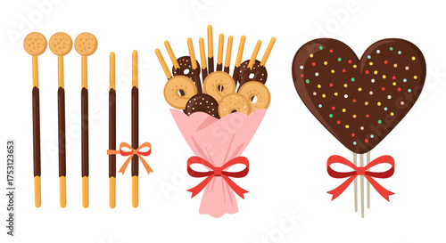 A collection of chocolate dipped cookie sticks and a heart shaped chocolate treat with colorful sprinkles