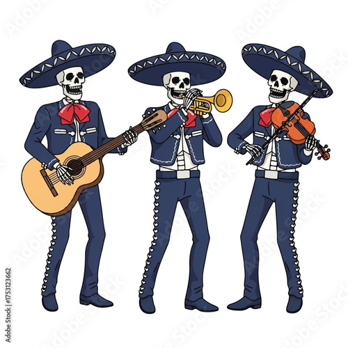 Three skeleton musicians in mariachi costumes playing guitar, trumpet, and violin on white background with vibrant colors.