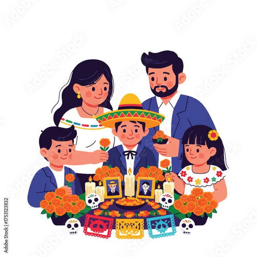 Illustration of a Latin American family celebrating Day of the Dead with a colorful altar and traditional decorations on a white background with a festive mood.