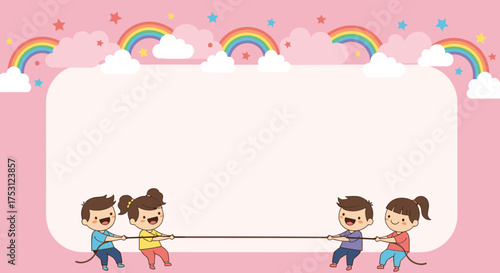 Children joyfully playing tug of war during a fun day at the park with rainbow decorations.