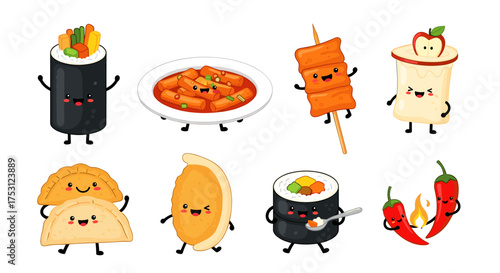 Adorable kawaii characters representing popular Korean street food dishes illustration