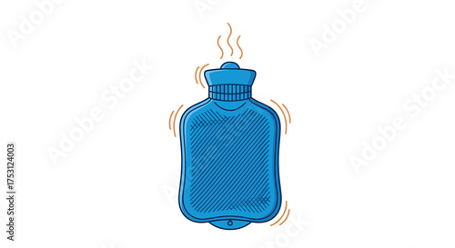A blue hot water bottle emitting steam while vibrating.