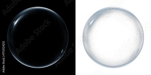 Transparent bubble overlay on black and white backgrounds, showcasing reflections and light distortion, ideal for creative design projects and visual storytelling elements