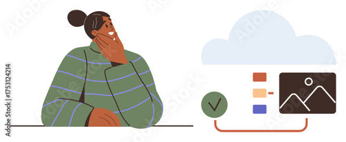 Person with thoughtful expression beside cloud icon connected to folders, checklist, and images. Ideal for technology, cloud computing, data management, productivity, creativity, planning simple
