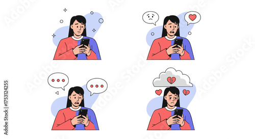 A young woman looking at her phone and showing different emotions through speech bubbles and heart icons.