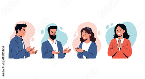 Diverse group of people engaged in conversation with animated expressions and gestures.