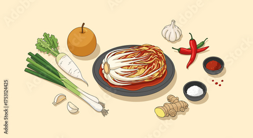 Ingredients for making delicious homemade kimchi a traditional Korean fermented dish.
