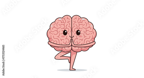 Cute brain character meditating and practicing yoga tree pose demonstrating mental wellness and relaxation.