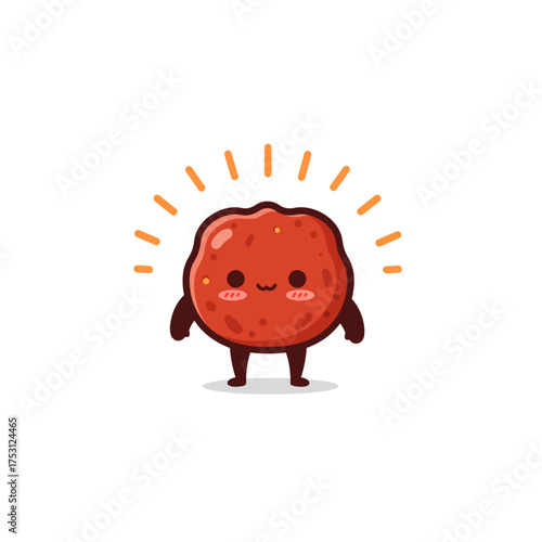 Cute cartoon meatball character with a happy face and glowing aura, standing on a white background, vector illustration.