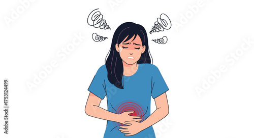 Young woman feeling discomfort and holding her stomach with pain radiating.