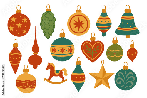 Vintage Christmas ornaments and baubles for holiday decoration with retro festive charm. Tree and vector set by hand drawn style or flat design. 