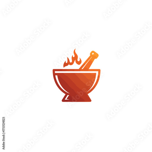 A vibrant orange and red gradient logo featuring a mortar and pestle with stylized flames rising from the bowl, symbolizing heat or powerful concoctions.