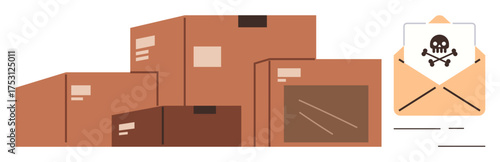 Pile of cardboard boxes next to an envelope with a skull warning sign. Ideal for delivery risk, cybersecurity, scam warning, malware, online safety, package inspection, flat simple metaphor