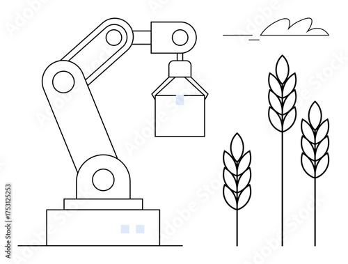 Robotic arm positioned near wheat crops, highlighting technology in agriculture. Ideal for innovation, automation, farming, robotics, agritech, sustainability efficiency. Simple flat metaphor
