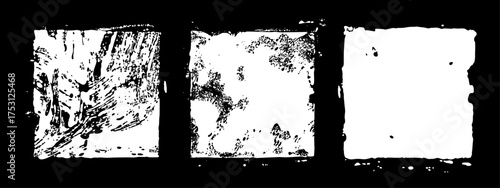 Illustration with hand drawn strokes of paint. Forms of a square. White artistic design elements isolated on a black background.