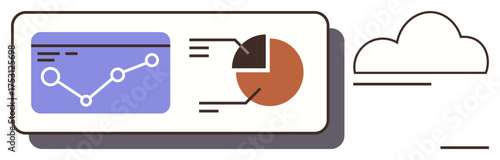 Line graph tracking trends, pie chart for distribution analysis, cloud for data storage. Ideal for analytics, cloud computing, statistics, data management, technology, business insights simple flat