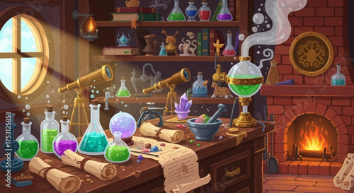 Alchemists Laboratory Still Life with Potions and Equipment.