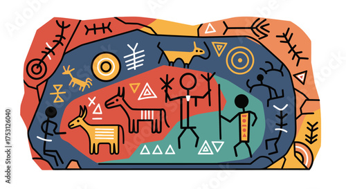 Ancient Cave Painting Depicting Animals and Human Figures.