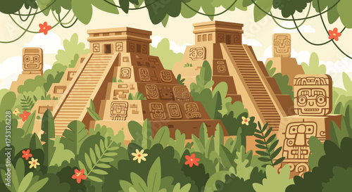 Ancient Mayan Ruins in Lush Jungle Illustration.