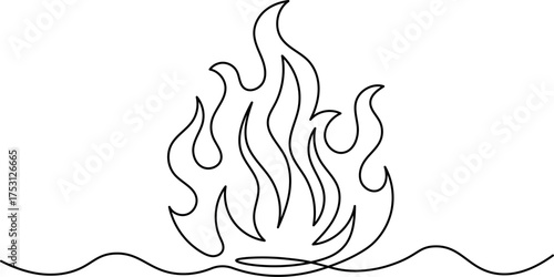 One Line Art Burning Flame. Minimalist Continuous Line Drawing of Fire Symbol Representing Energy, Passion, and Heat Vector Illustration