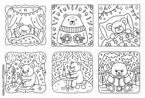 Adorable Bear Character Illustrations Set Enjoying Peaceful Moments and Creative Pursuits Line Art for Coloring and Relaxation