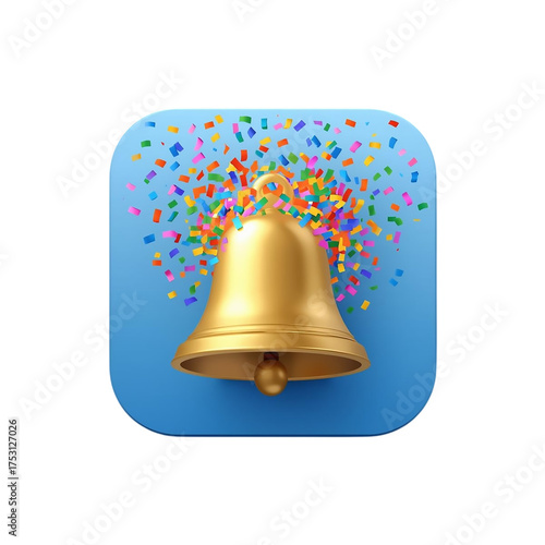 Golden bell icon with confetti explosion celebrating notification alert achievement success isolated on transparent background