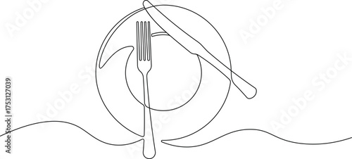 One Line Cutlery Set. Continuous Drawing of Fork, Knife, and Plate for Restaurant Vector Design