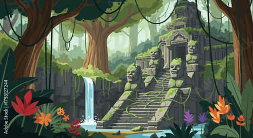 Ancient Stone Temple with Waterfall in Lush Jungle Setting.