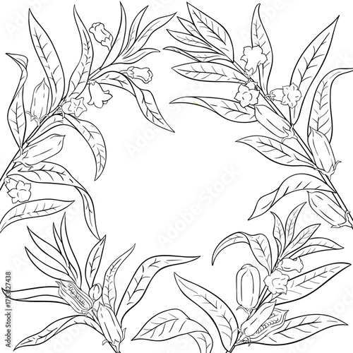 Sesame Branch with Flowers, Seeds and Leaves Outline Frame. Organic natural nutritional healthy food ingredient, vegetarian diet product. Vector isolated for design or decoration.
