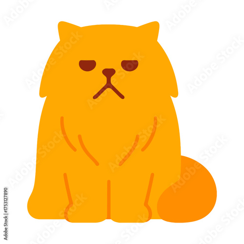 Cute grumpy cartoon orange cat with fluffy tail and whiskers