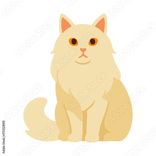 Illustrated fluffy cream cat with orange eyes and bushy tail on white background