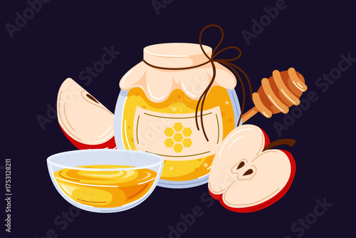 Jar of honey with dipper and fresh apple slices on dark background symbolizing rosh hashanah holiday tradition in cartoon.