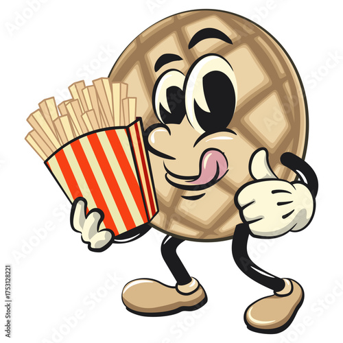 cute pineapple bun or melon bread bun mascot cartoon vector illustration isolated brought a box of french fries, work of hand drawn