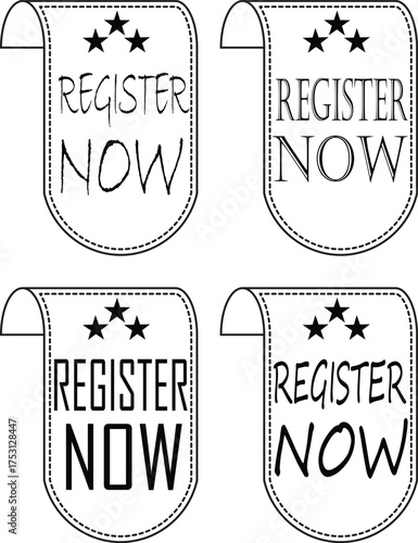 Register Now banner Line art icon set. Registration web buttons. Vector buttons for registration in services, blogs, websites. User interface web buttons in flat style for UI, mobile app, web.