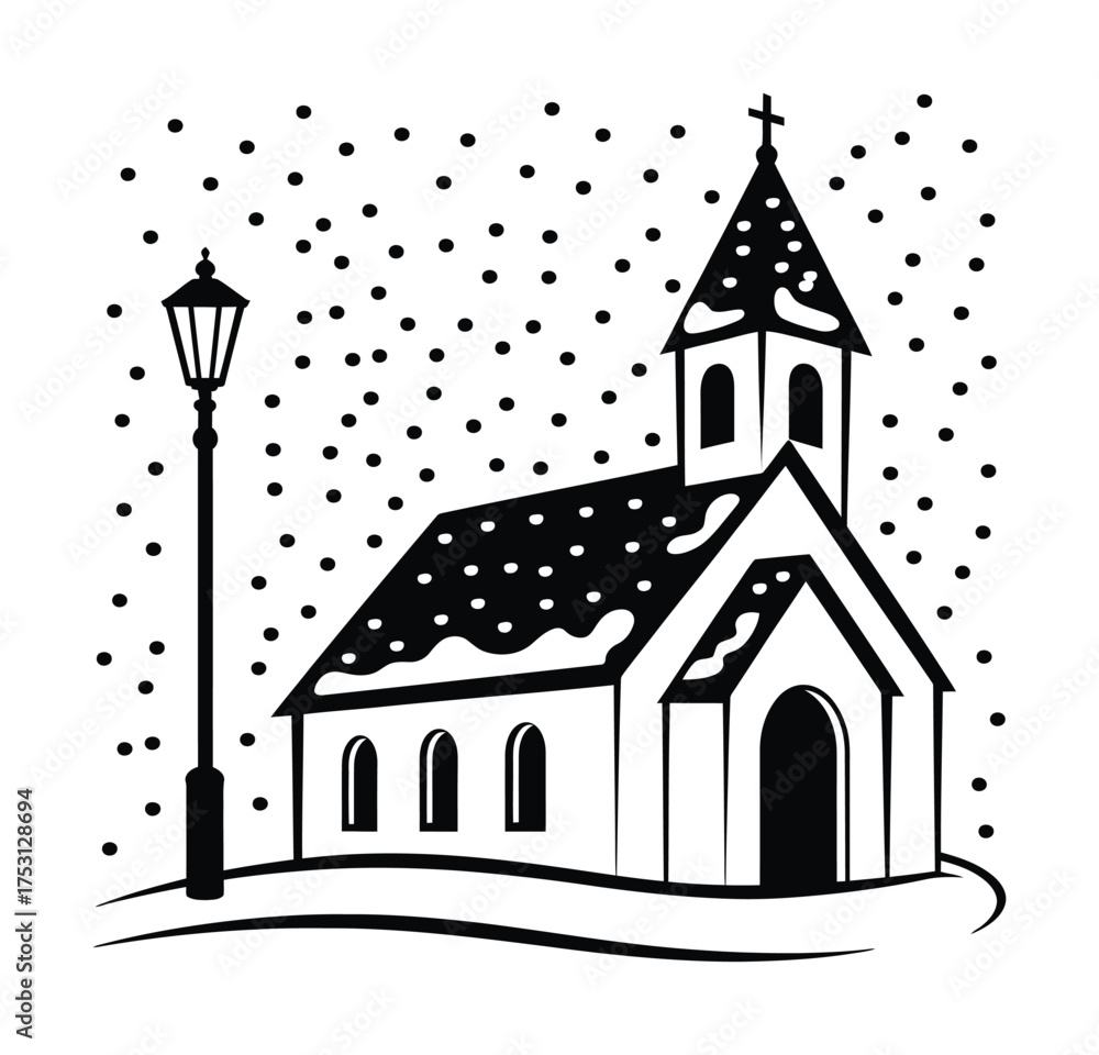 Fototapeta premium Snowy church winter scene christmas holiday building snow vector