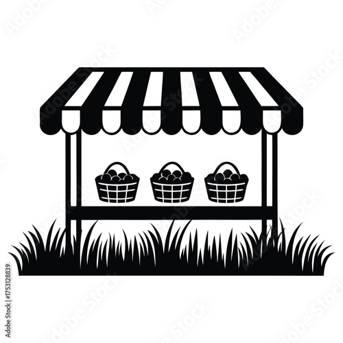Simple black and white illustration of a market stall with three baskets of produce on a grassy field