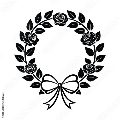 Elegant black silhouette of a rose wreath with a decorative bow adorning the bottom center