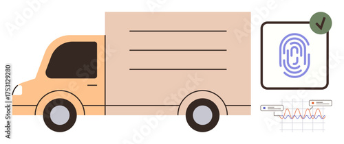 Delivery truck, fingerprint authentication, compliance checkmark, and data chart. Ideal for logistics, cybersecurity, supply chain management, authentication, delivery services data analysis simple