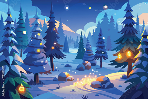 Magical winter forest scene at night with glowing lanterns and snow covered pine trees under a starry sky