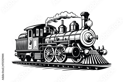 Vintage steam locomotive with billowing smoke traveling on railway tracks in a detailed black and white illustration