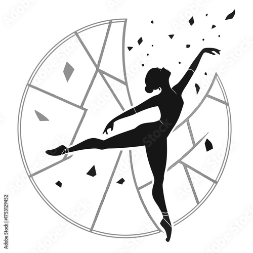 Elegant ballerina silhouette performs poised dance with fractured circle